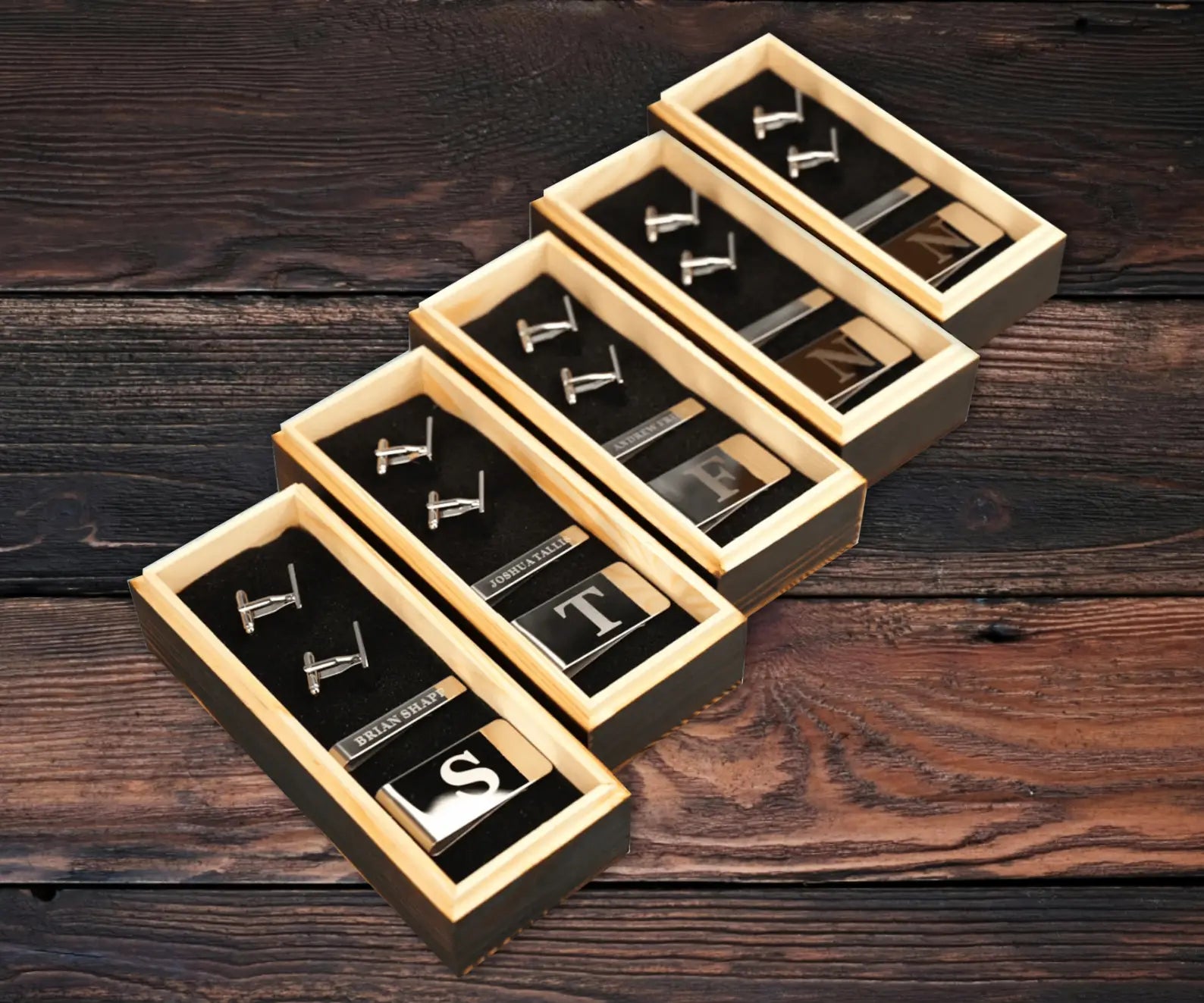 SET OF 5: Groomsmen Custom Cufflinks, Tie Bar, Money Clip & Box Groomsmen Gift Set