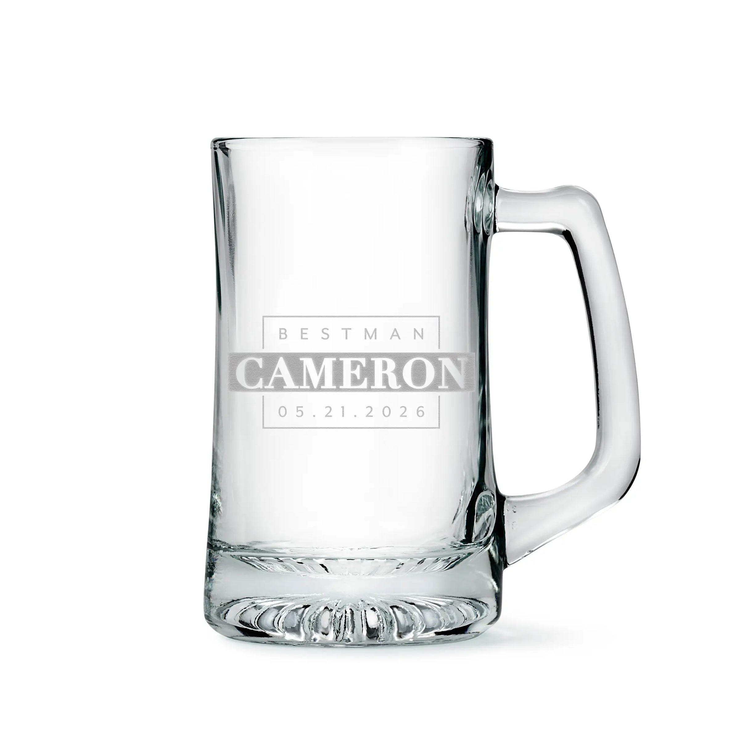 Clear glass mug with engraved text on a white background