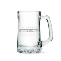 Clear glass mug with engraved text on a white background