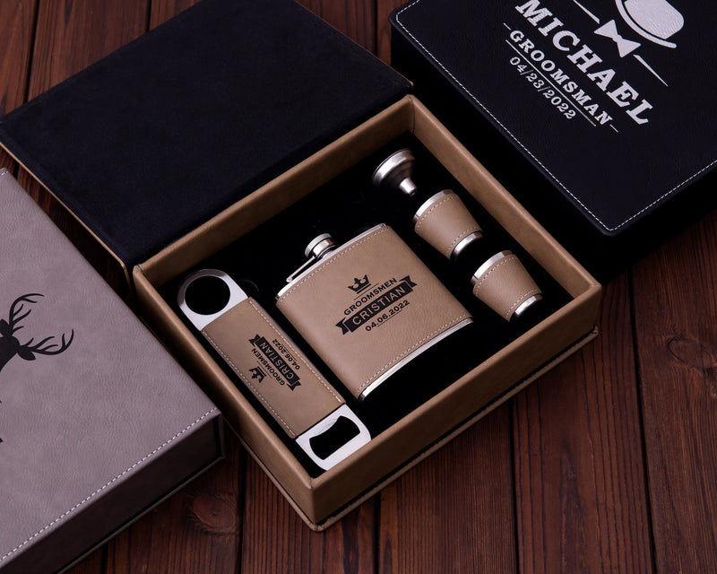 Groomsmen Flask Set Leather