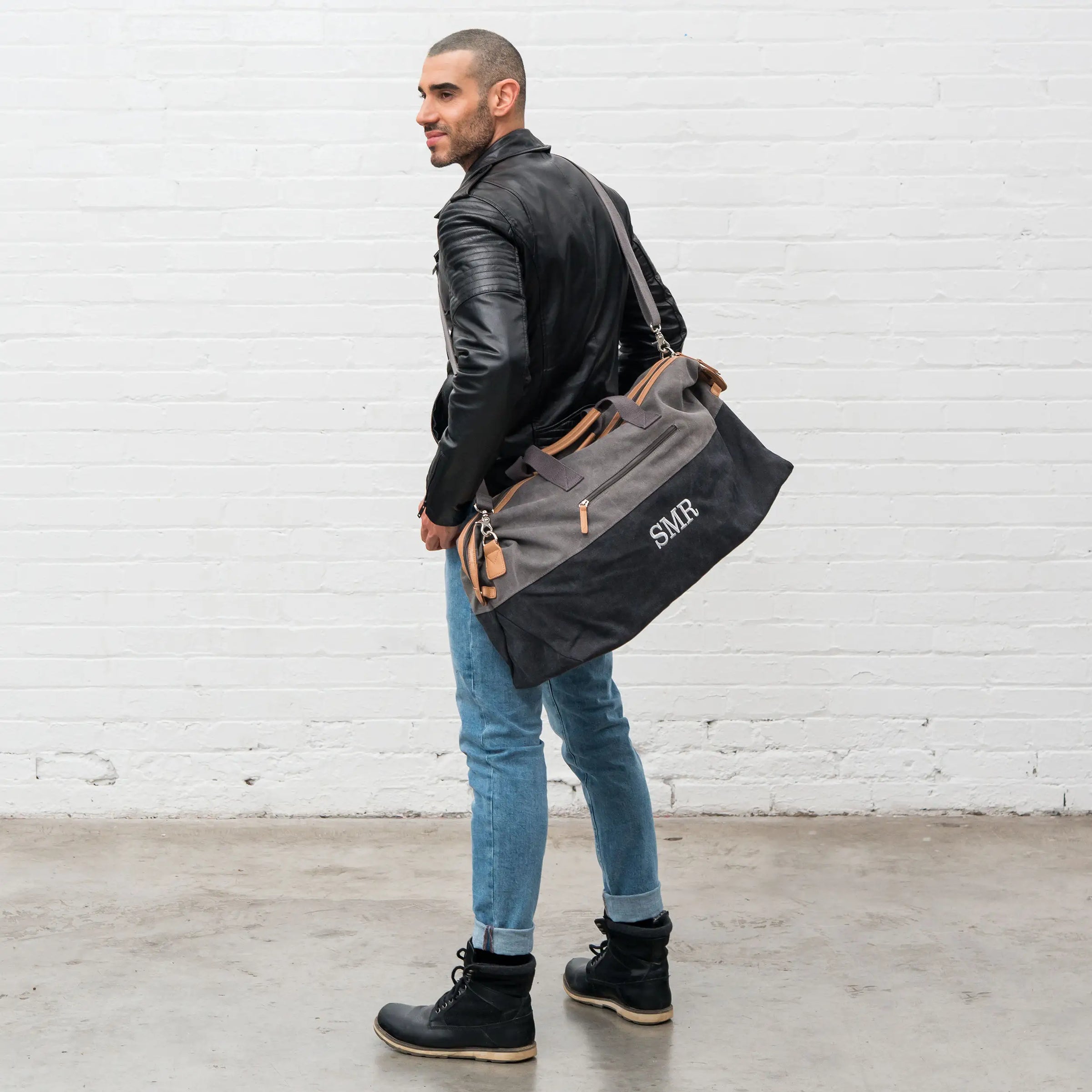 Personalized Canvas Travel Duffle Bag (Black and Grey)