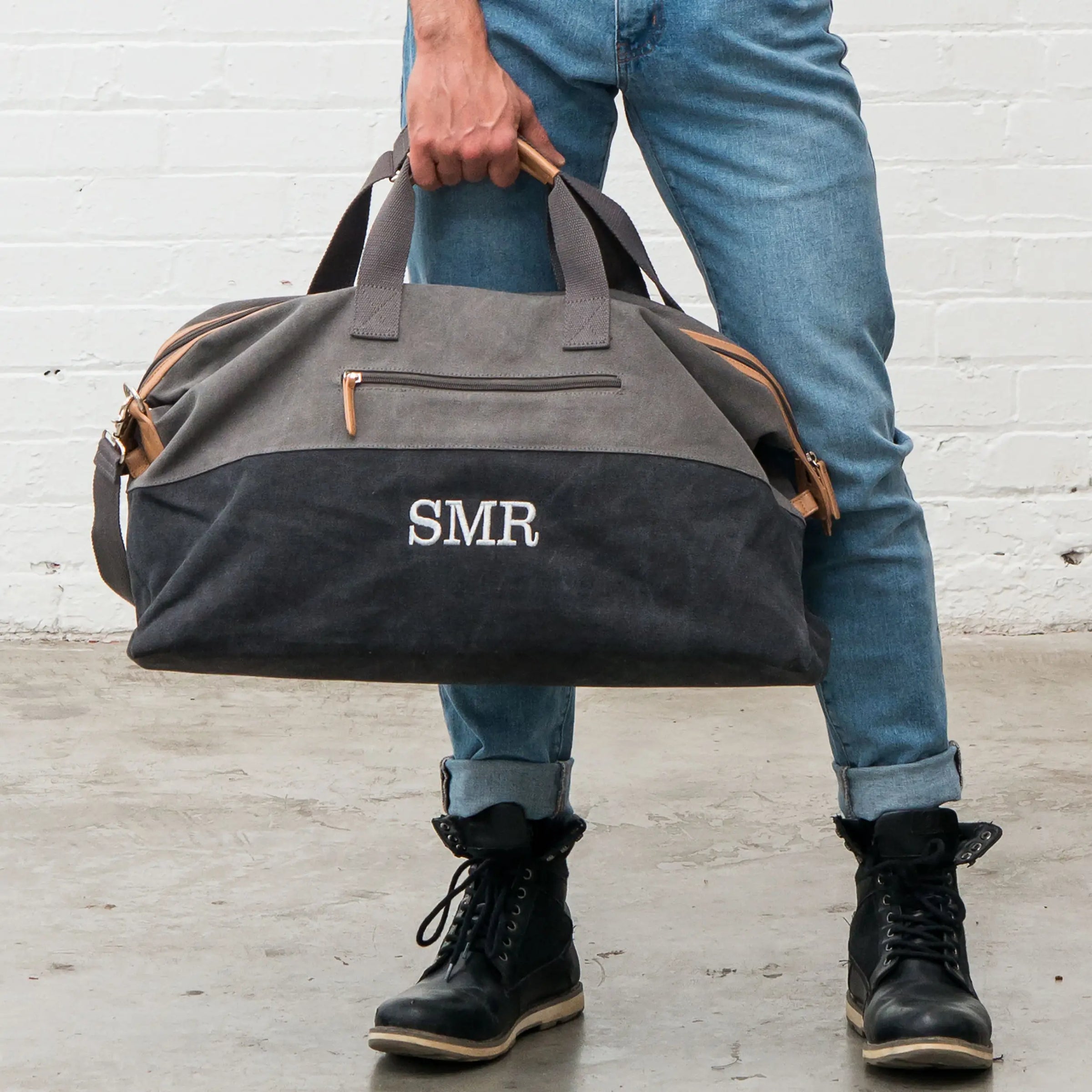 Personalized Canvas Travel Duffle Bag (Black and Grey)