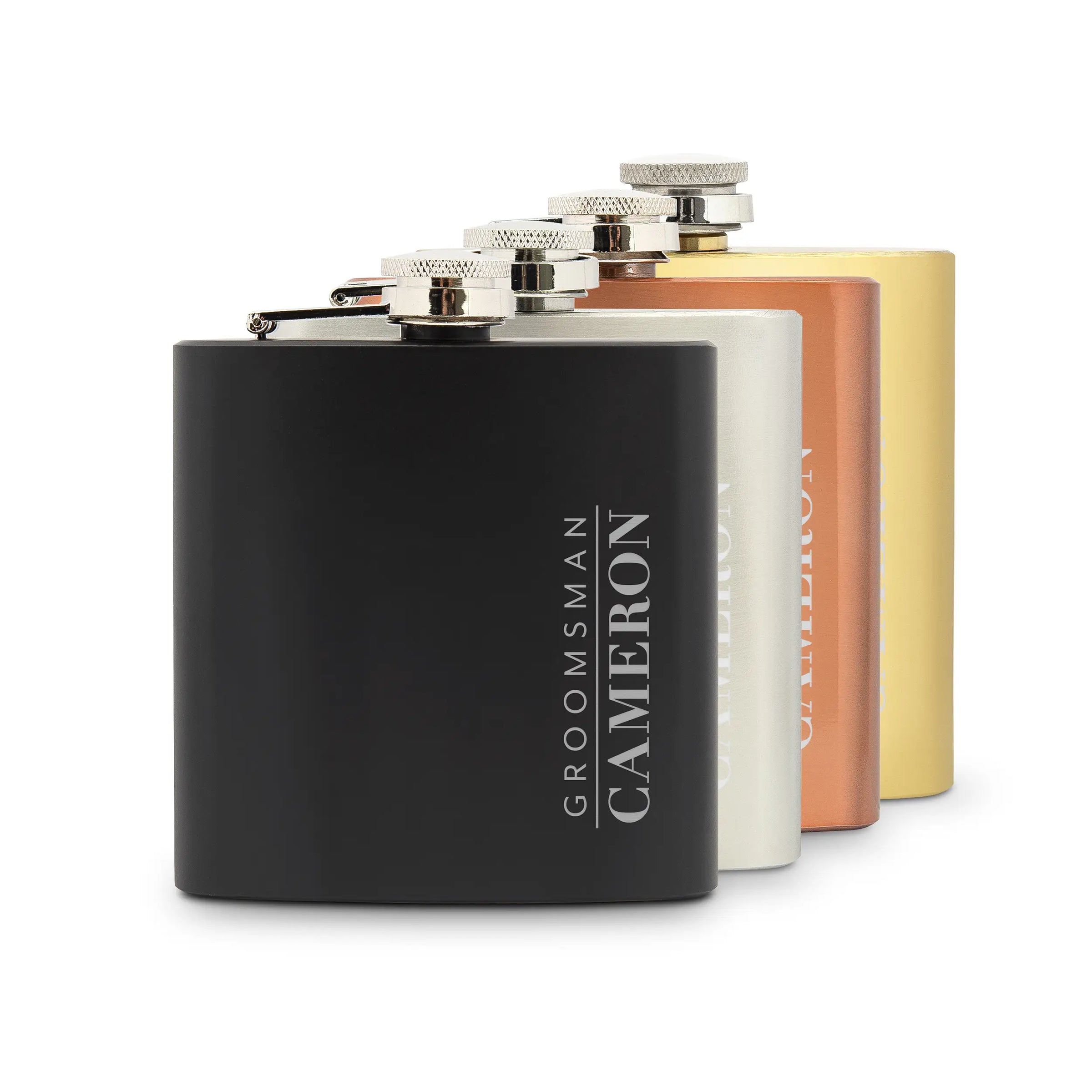 Set of four flasks in black, silver, gold, and bronze with 'Groomsman Cameron' engraving.