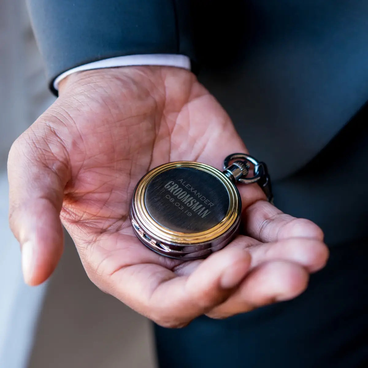 Personalized Gold Frame Gunmetal Pocket Watch for Groomsmen