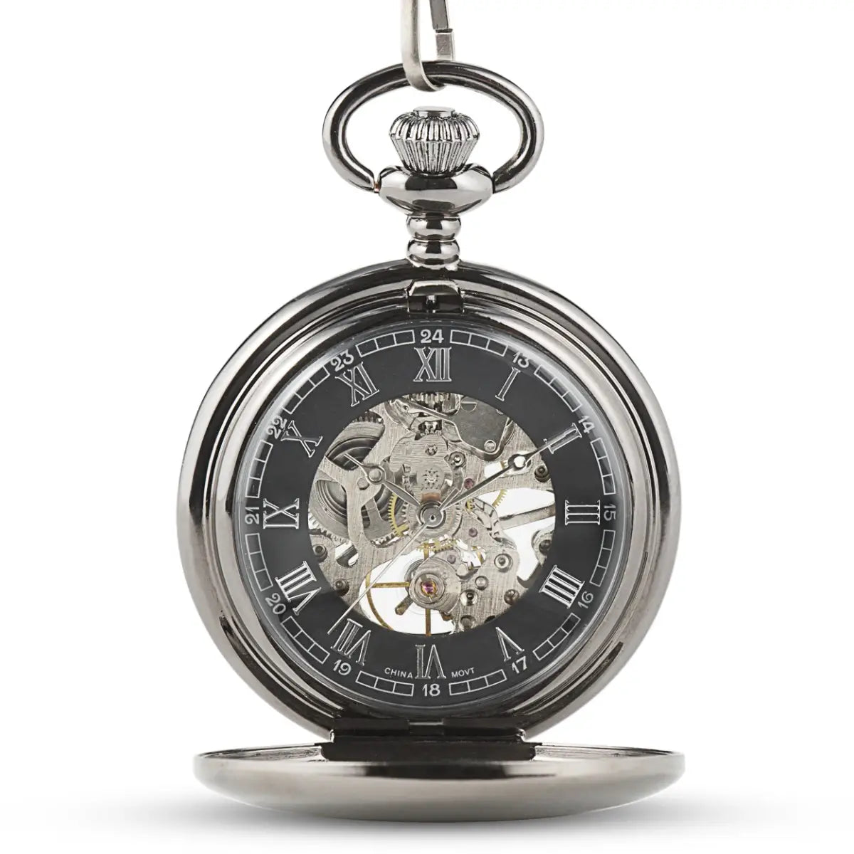 Personalized Gunmetal Mechanical Pocket Watch & Fob for Groomsmen