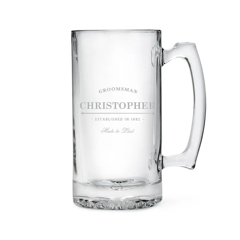 Personalized Engraved 25 oz. Glass Beer Mug Established for Groomsmen