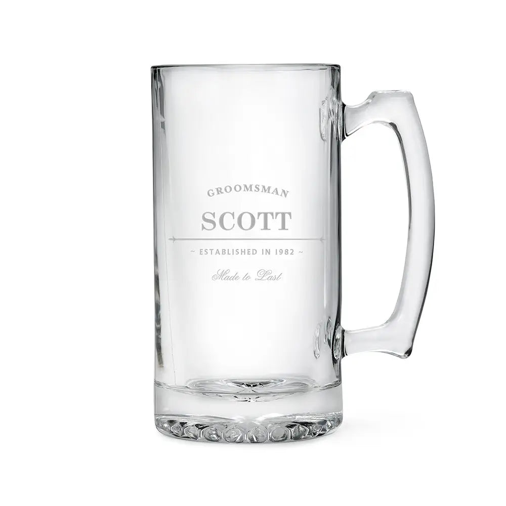Personalized Engraved 25 oz. Glass Beer Mug Established for Groomsmen